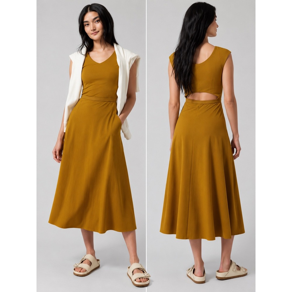 Athleta Ryder Dress Back Cutout Midi Pockets Mustard Gold Yellow XS